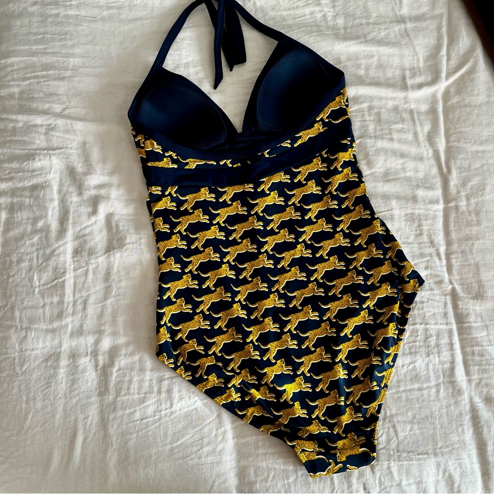 Boden• Retro Navy & Gold Cheetah Print🐆 Halter tie One Piece Bathing Suit• Sz 8 - Picture 4 of 10